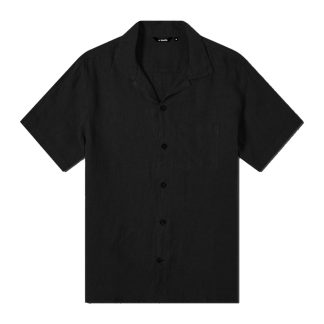 Черная гавайская оверсайз рубашка из льна с карманом фото